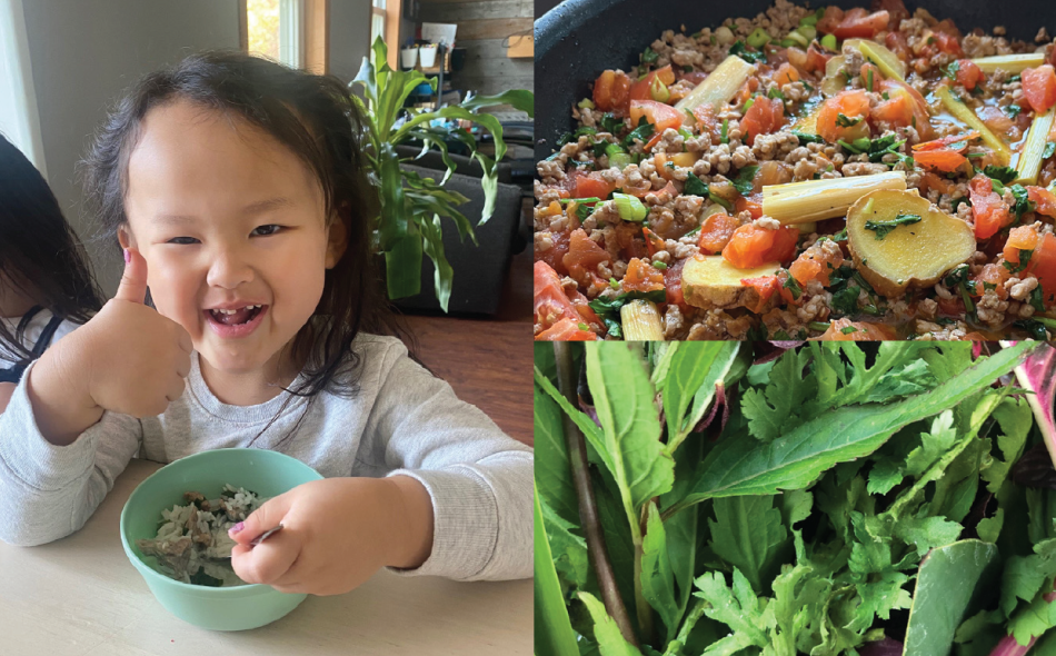 Photo collage with smiling girl next to herbs and pork dish