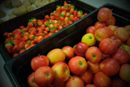 Locally grown apples and strawberries in a school cafeteria