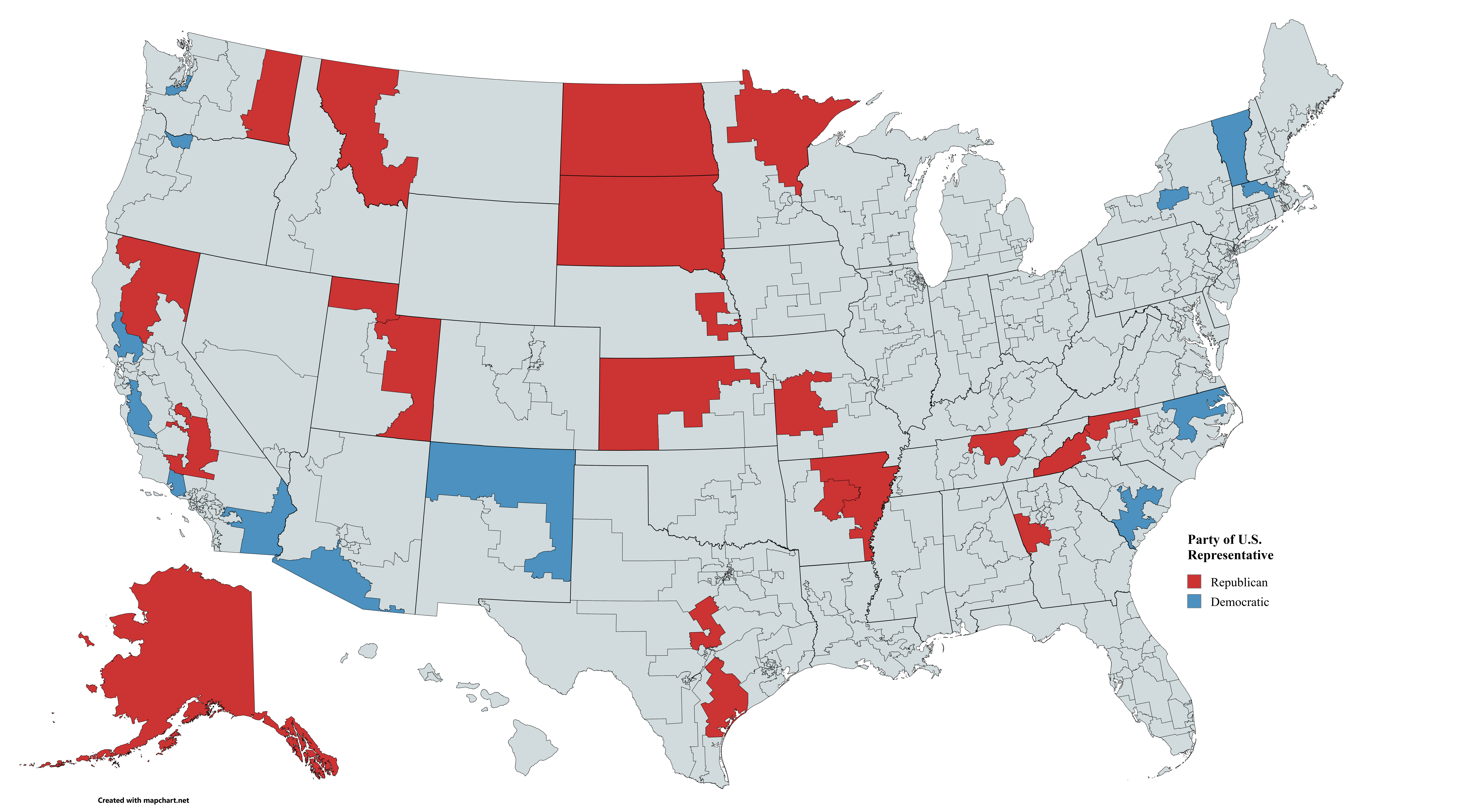 Map of U.S. with impacted congressional districts highlighted