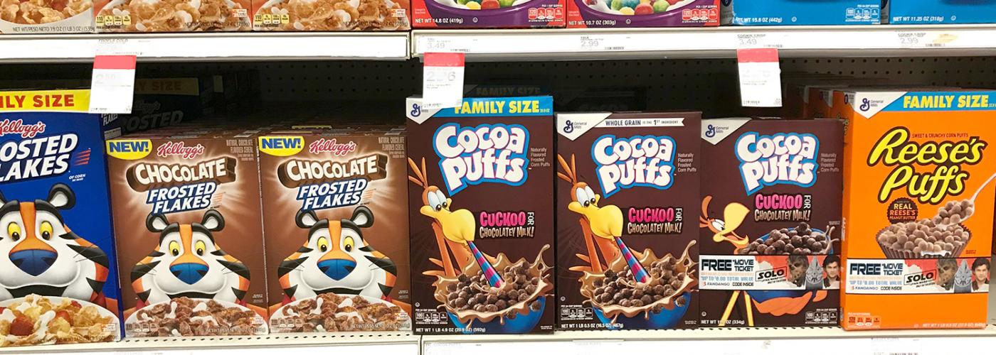 Cereal boxes with cartoon characters