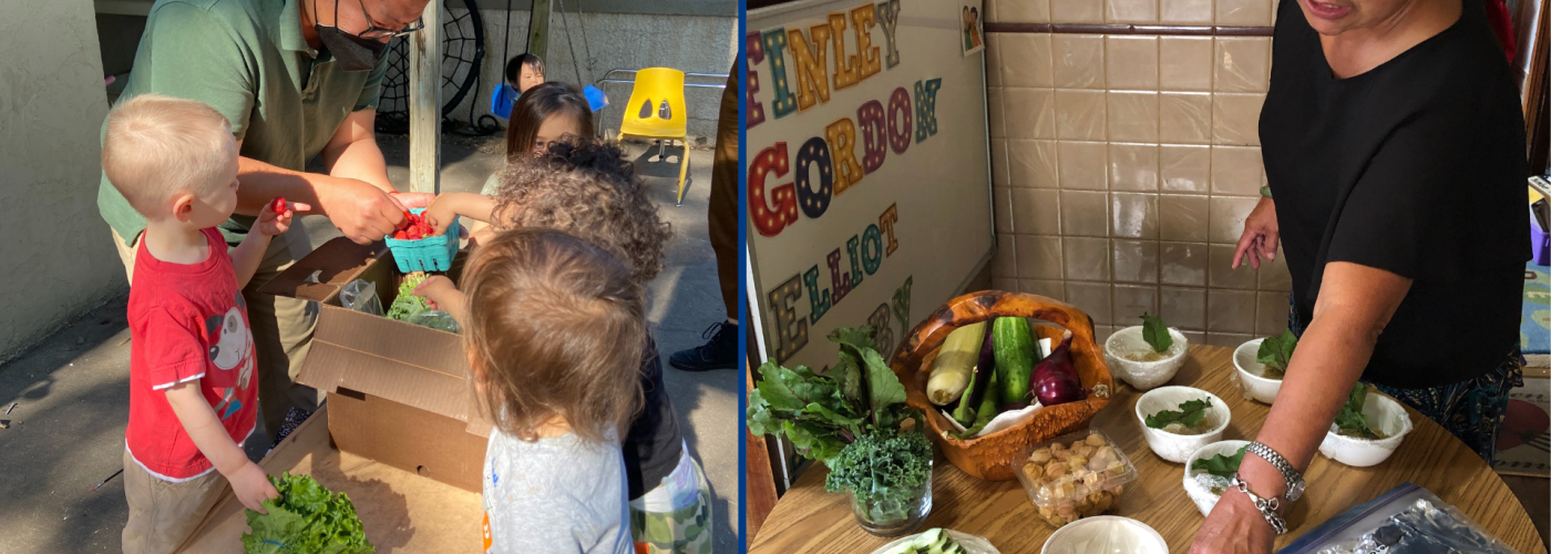 Image of childcare provider with plates of food next to image of adult showing fresh produce to a group of children.