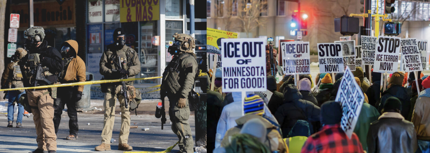 ICE agents in Minneapolis, juxtaposed with anti-ICE protestors
