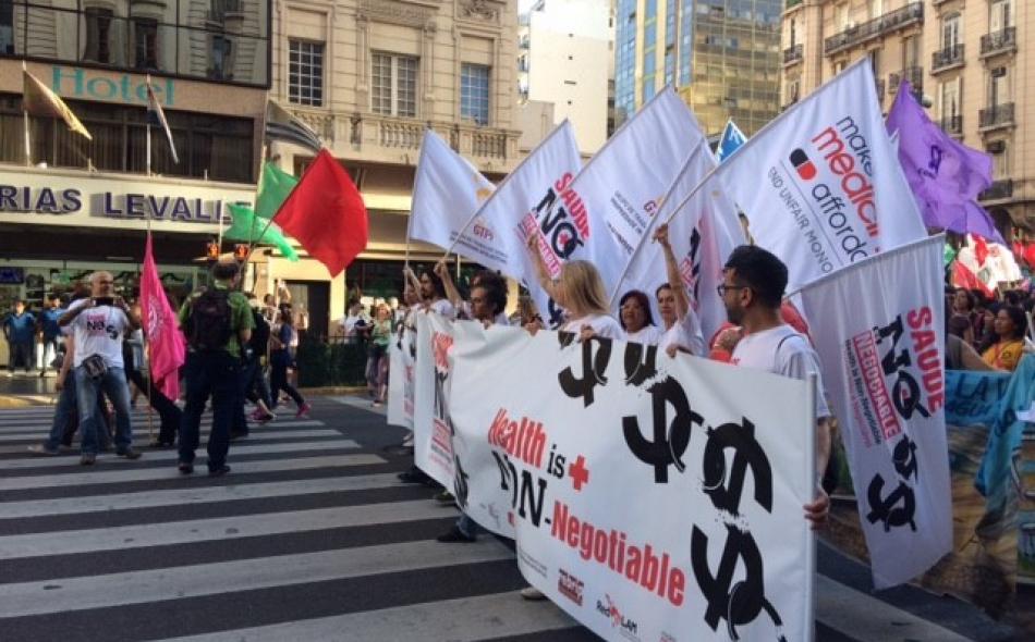 Protesters march outside the WTO's Ministerial Conference in Buenos Aires, Argentina. Photo by Sophia Murphy.