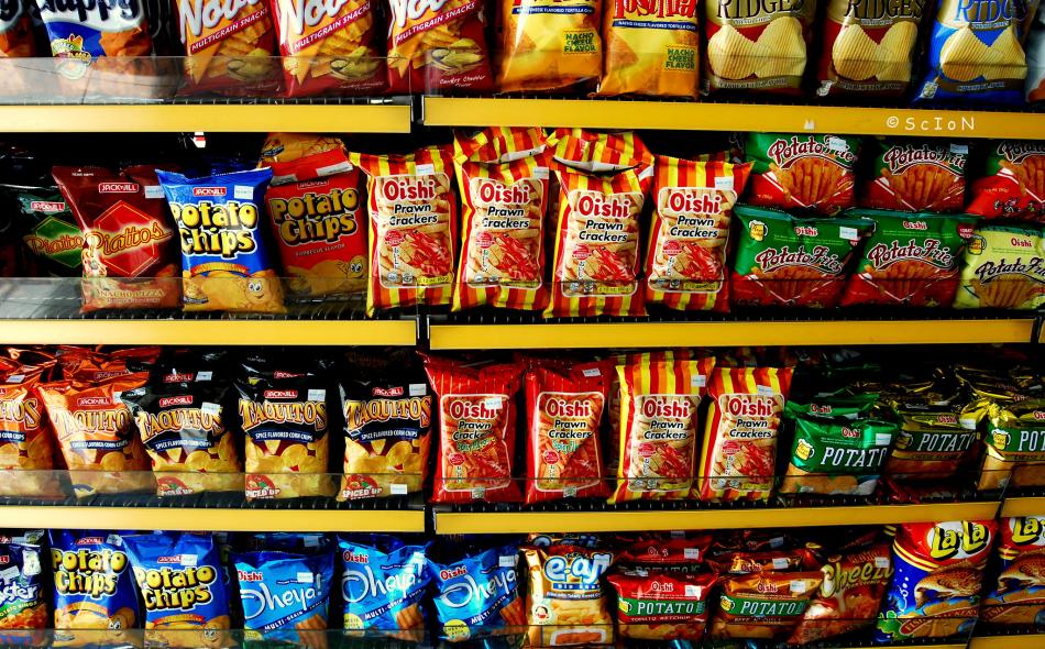 Rows of junk food in a convenience store in the Philippines