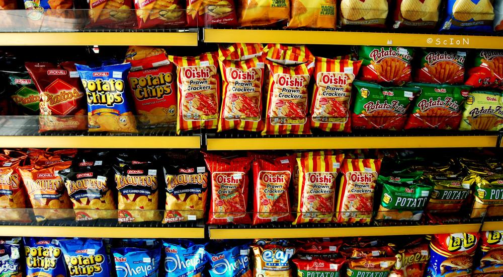Rows of junk food in a convenience store in the Philippines