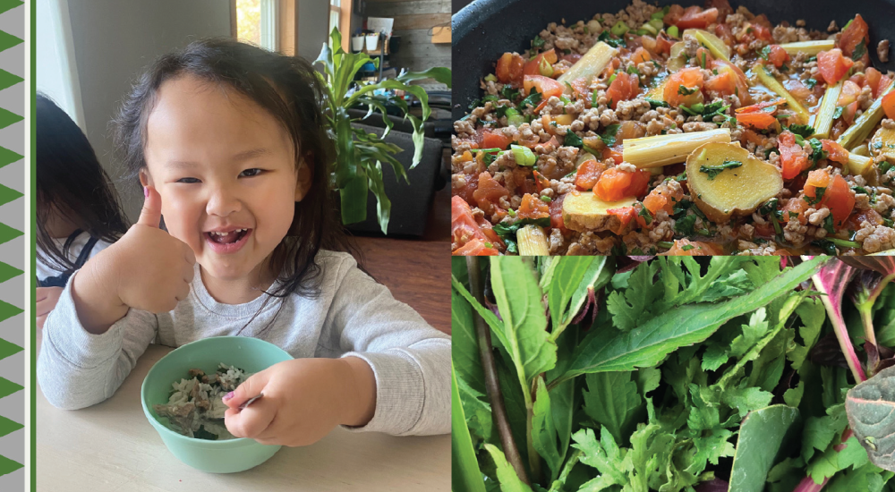 Photo collage with smiling girl next to herbs and pork dish