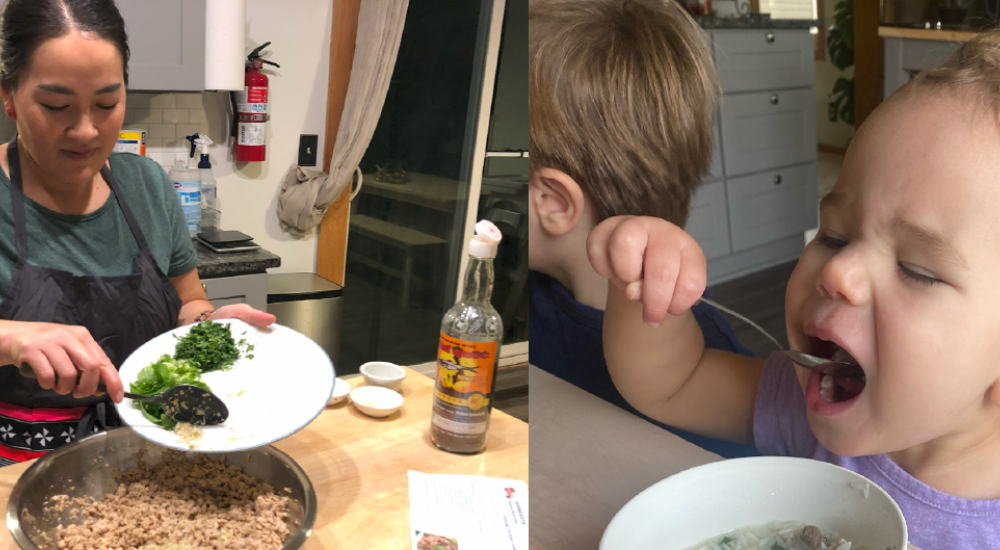 Image of woman cooking and baby eating