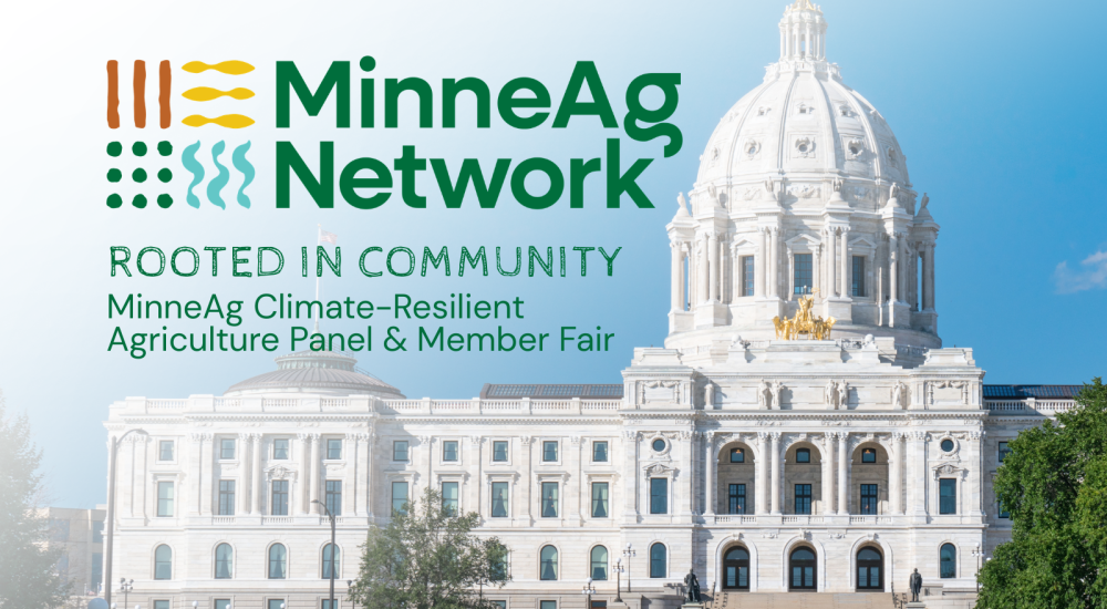 Minneag Rooted in Community text over MN state capitol