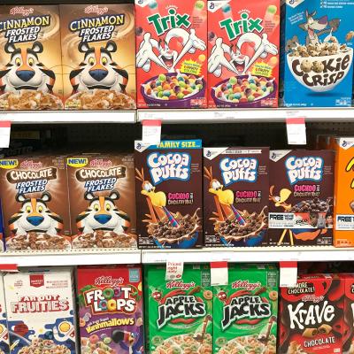 Cereal boxes with cartoon characters