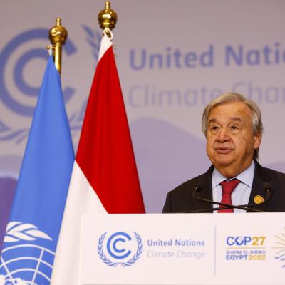 U.N. Secretary General Antonio Guterres at podium at COP27