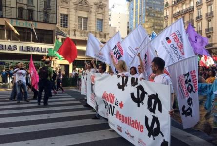 Protesters march outside the WTO's Ministerial Conference in Buenos Aires, Argentina. Photo by Sophia Murphy.
