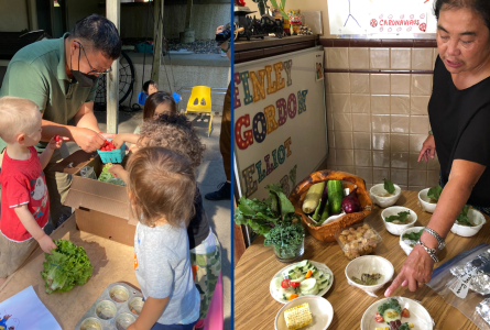 Image of childcare provider with plates of food next to image of adult showing fresh produce to a group of children.