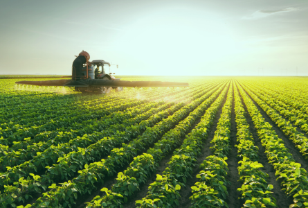 Tractor spraying a monocrop soybean field
