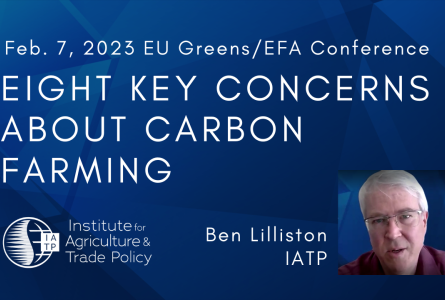 White text on blue background next to small image of Ben Lilliston. "Eight Key Concerns about Carbon Farming."