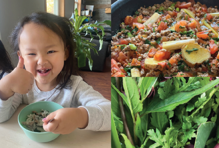 Photo collage with smiling girl next to herbs and pork dish