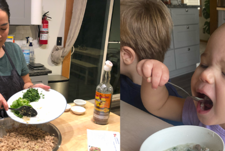 Image of woman cooking and baby eating