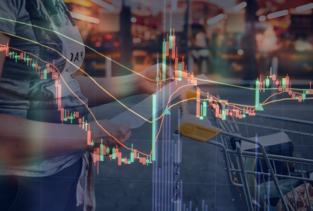 Woman looking at shopping list overlaid with graph tracking trade