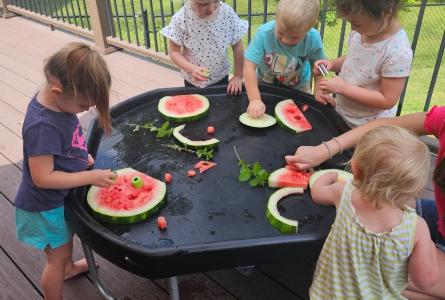 Children in early care explore watermelon slices