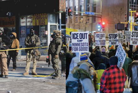 ICE agents in Minneapolis, juxtaposed with anti-ICE protestors