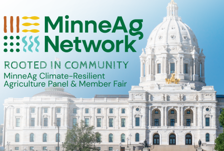Minneag Rooted in Community text over MN state capitol