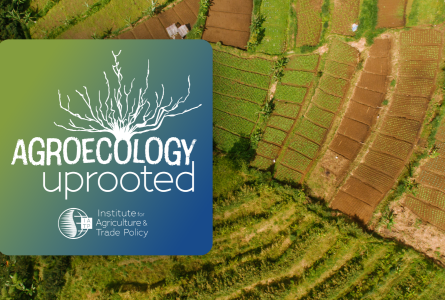 Aerial view of diverse farm with AE Uprooted logo